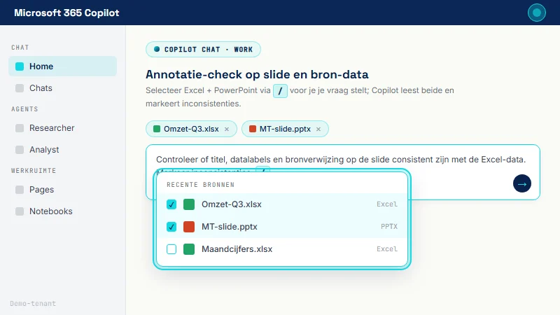 Copilot Chat-prompt met / typed; dropdown toont recente bronnen waaronder een Excel-bestand en een PowerPoint-bestand, beide klikbaar met checkbox