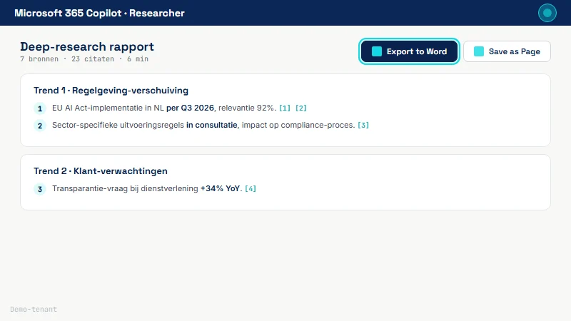 Researcher-rapport header met Export to Word-knop prominent gemarkeerd in cyaan plus Save as Page als secundaire optie; daaronder twee trendsecties met genummerde citaten