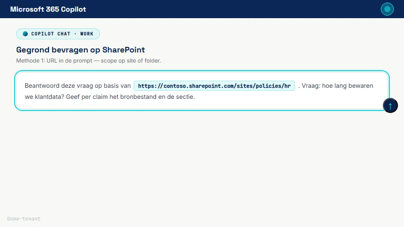 Copilot Chat in Work-mode met prompt die een SharePoint-URL bevat als cyan-gemarkeerde URL-chip; onderaan send-knop en plus-knop