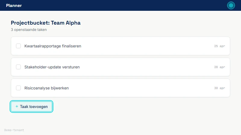 Planner-bucket met de knop Taak toevoegen onder de bucket-header, gemarkeerd met cyaan kader
