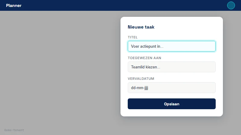 Open taak-paneel met invulvelden voor titel, toegewezen aan en vervaldatum