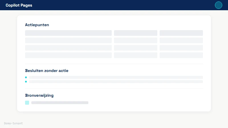 Copilot Pages editor met drie aparte secties zichtbaar in het document