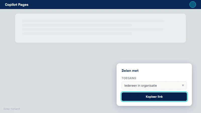Delen-paneel van Copilot Page met scope-keuze en link-kopiëren knop