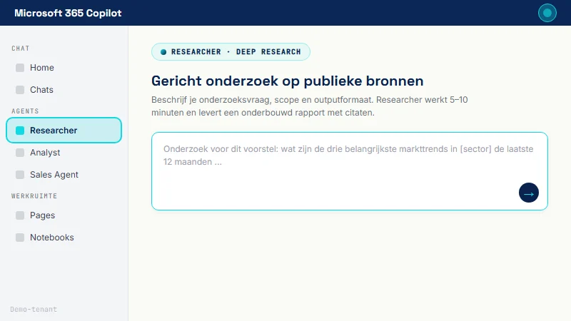 Copilot Chat-interface met Researcher in de linker agent-selector gemarkeerd; hoofdpaneel toont deep-research prompt-balk