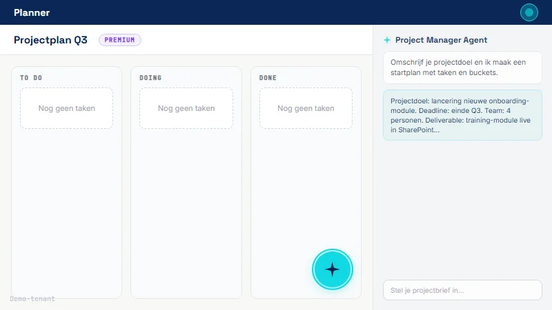Microsoft Planner met een leeg premium plan; rechtsonder een ronde cyaan floating action button met sparkle-icoon, gemarkeerd met cyaan kader; agent-chat-paneel half-zichtbaar aan rechterkant