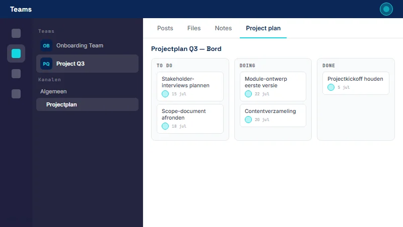 Teams-kanaal met Planner-tabblad geopend; bord-weergave toont buckets met taken, eigenaar-avatars en deadlines per taak