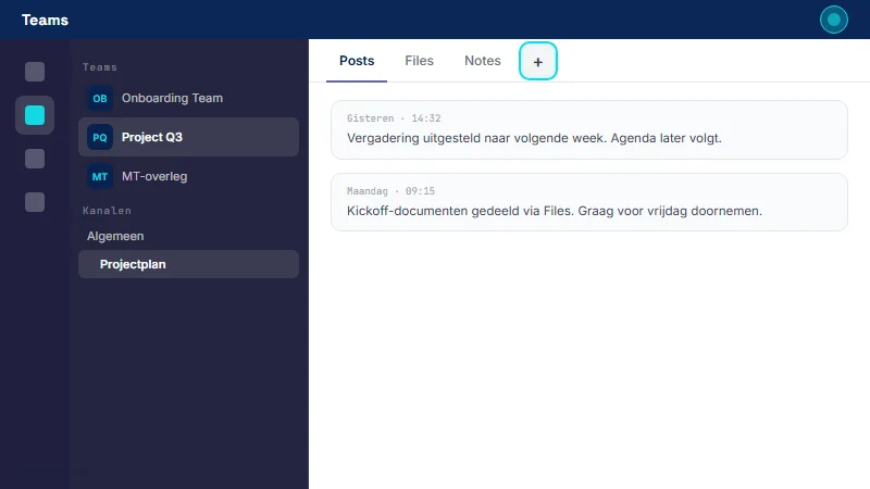 Teams-kanaal met tabbladen-balk bovenaan; plus-icoontje voor 'Tabblad toevoegen' gemarkeerd met cyaan kader; tab-toevoeg-dialog open met Planner-app als zoekresultaat