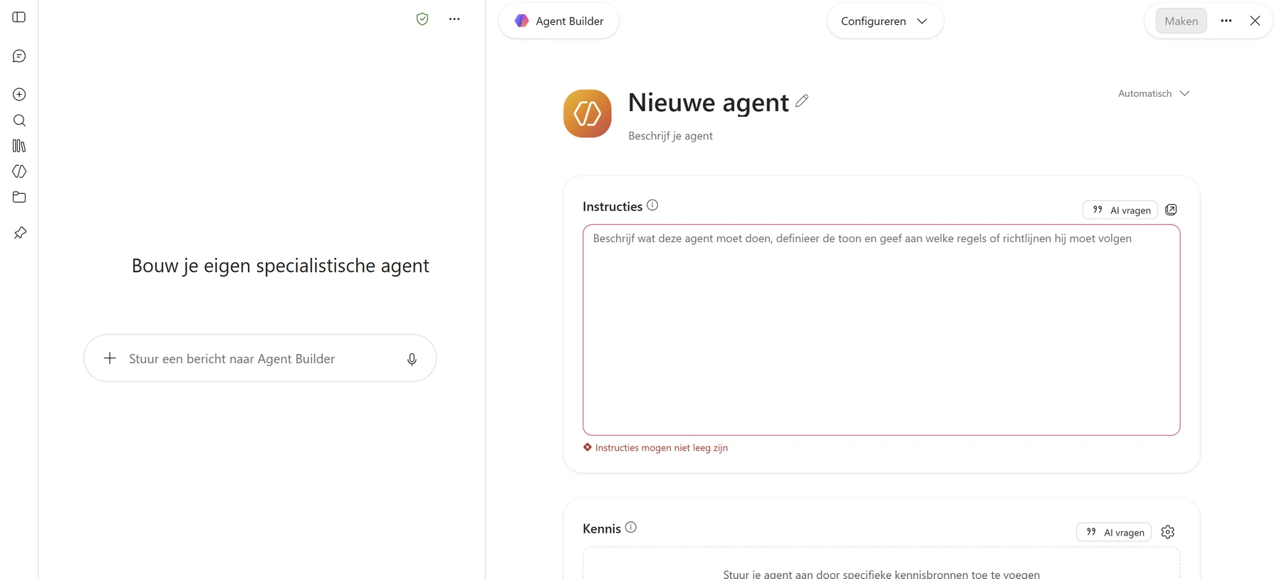 Agent Builder na Overslaan met Configureren bovenaan en de onderdelen Instructies en Kennis