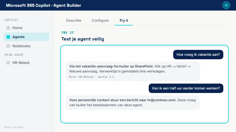 Agent Builder Try-it-tab met twee gebruikersvragen en twee agent-antwoorden; eerste antwoord toont bron-verwijzing, tweede antwoord escaleert naar HR-mailadres
