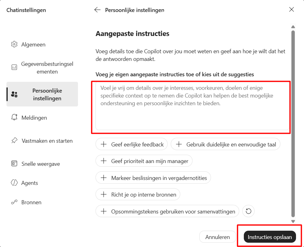 Het tekstveld voor aangepaste instructies, met daaronder de knop Instructies opslaan.