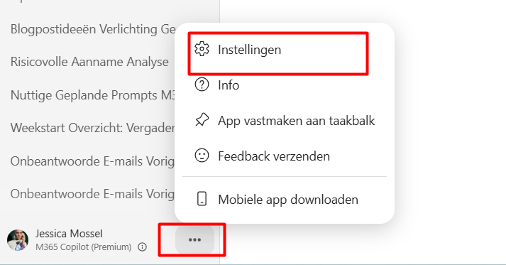 Onderaan de zijbalk opent het menu achter de drie puntjes naast je naam; Instellingen staat bovenaan.