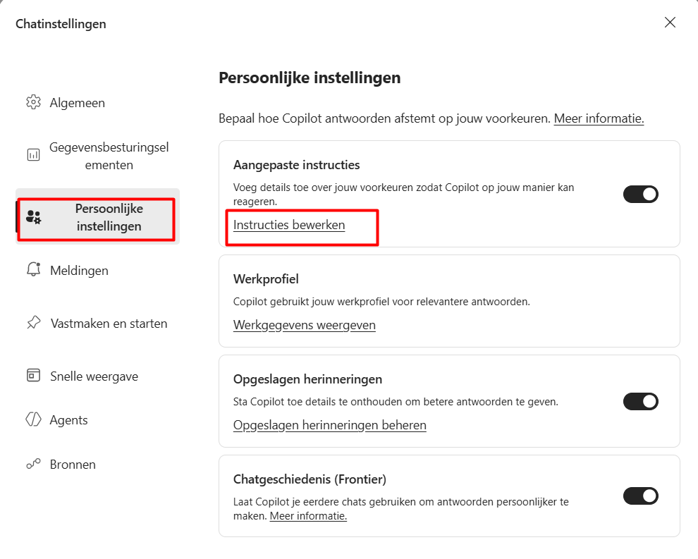 In de chatinstellingen is Persoonlijke instellingen geopend; bij Aangepaste instructies staat de link Instructies bewerken.