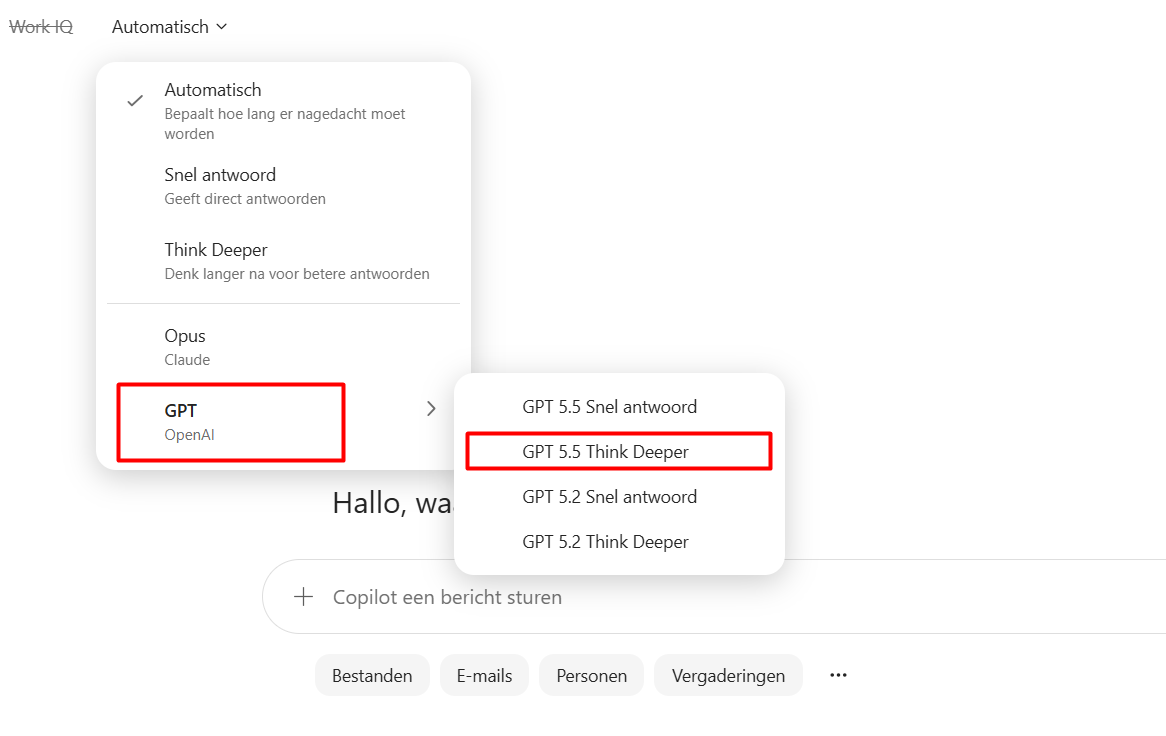 De modelkiezer naast Automatisch is open; onder GPT van OpenAI is GPT 5.5 Think Deeper gekozen.