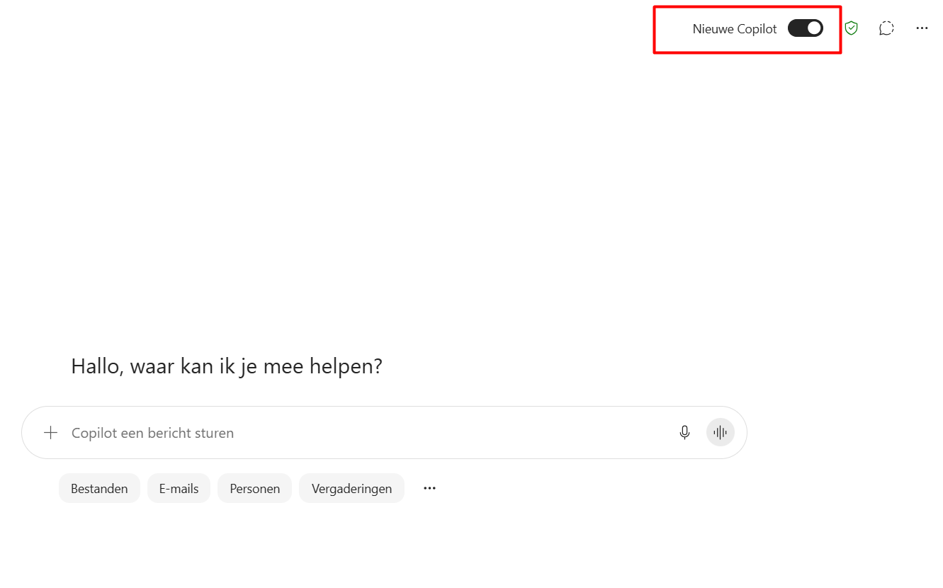 Rechtsboven in Copilot staat de knop Nieuwe Copilot met een schakelaar die aan staat.