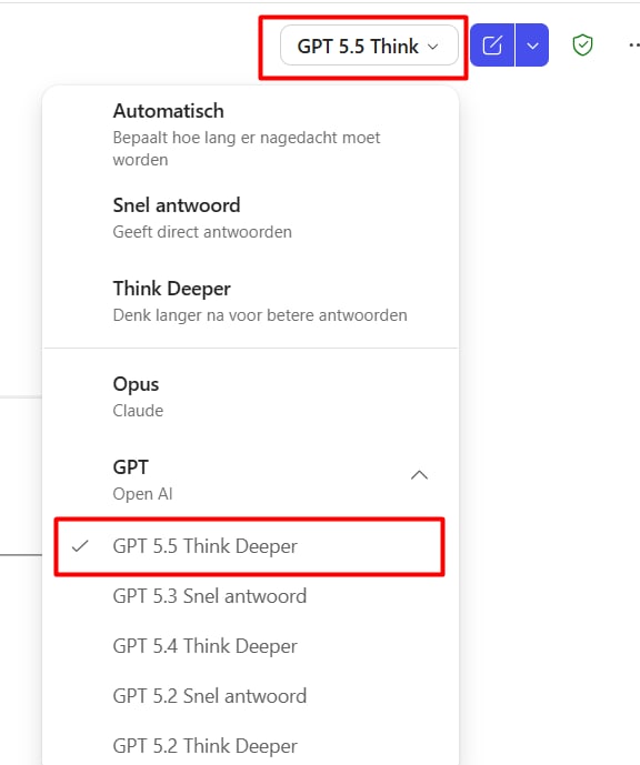 Model-switcher in Copilot Chat: dropdown met Automatisch, Snel antwoord, Think Deeper en GPT-submenu waarin GPT 5.5 Think Deeper is aangevinkt.