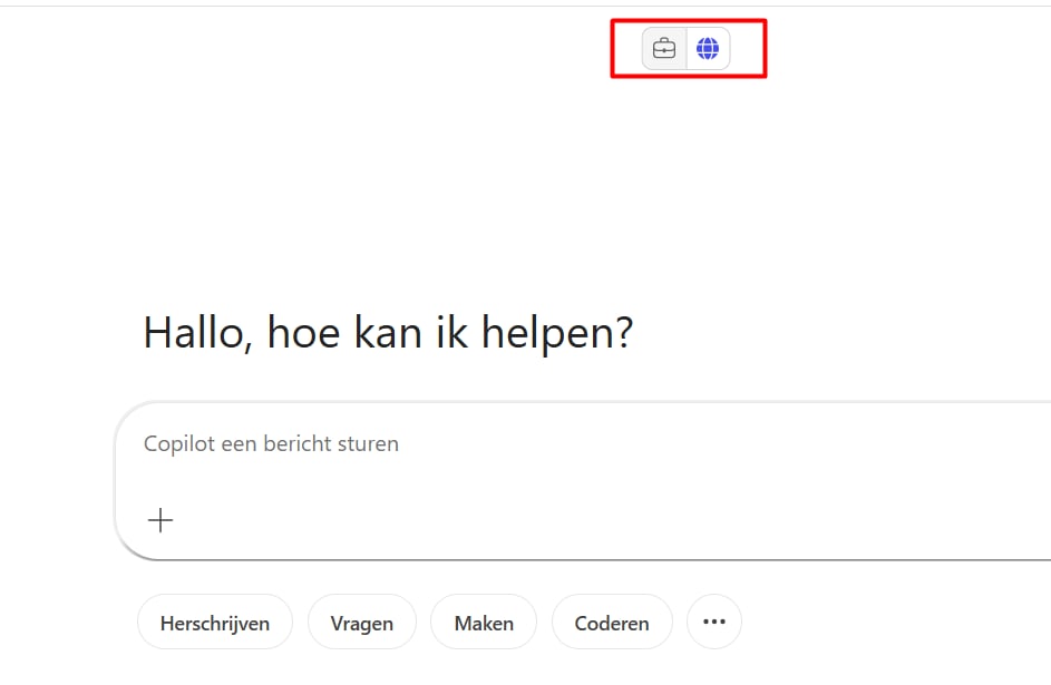 Copilot Chat met rechtsboven het koffer-icoon (Work) en het wereldbol-icoon (Web), beide gemarkeerd.